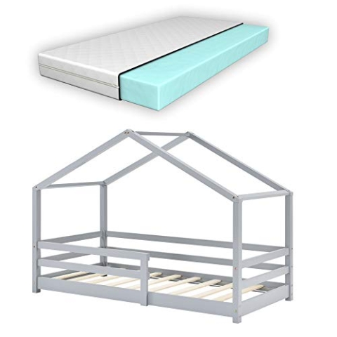 [en.casa] Kinderbett Knätten mit Matratze und Rausfallschutz 80x160cm Hausbett mit Kaltschaummatratze Bettenhaus mit Lattenrost Kiefernholz Kleinkindbett Hellgrau