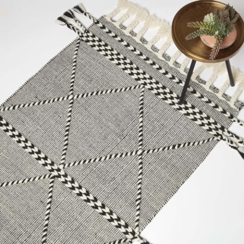 Homescapes Edessa Kelim Teppich schwarz-weiß 160x230 cm, handgewebter Teppich, Fransen-Teppich Wolle