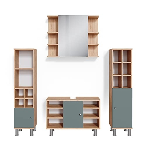 Vicco Badmöbel-Set Fynn, Grün/Goldkraft Eiche, 4 Teile, mit Midischränke