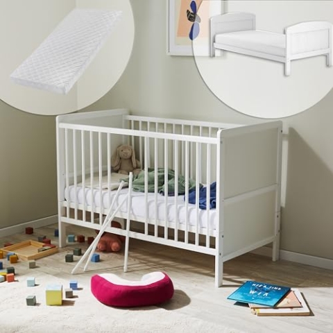 Babybett mitwachsend mit Matratze Kinderbett Gitterbett Beistellbett 60x120 Rausfallschutz Baby Kleinkind Kinder Bett komplett Set höhenverstellbar & herausnehmbare Sprossen Holz in weiß