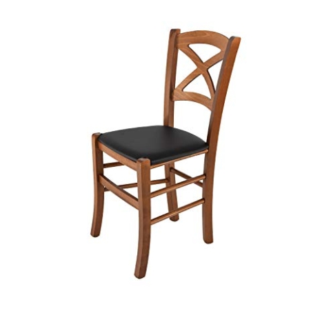 t m c s Tommychairs - Stuhl Cross für Küche und Esszimmer, Struktur aus lackiertem Buchenholz im Farbton Helles Nussbraun und gepolsterte Sitzfläche mit Kunstleder in der Farbe Schwarz bezogen