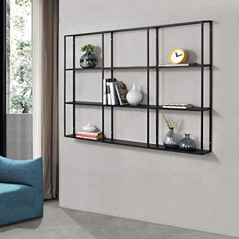 [en.casa] Wandregal Jelsa Schweberegal Wandboard Eisen Industriedesign 130x18x110cm Metallregal mit 9 Ablageflächen Schwarz