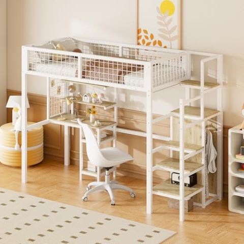 OKYION Hochbett 90x200 mit Sicherheitsleiter, Kinderbett mit Eisengestell, Kleiderschrank, Computertisch, Multifunktionsbett (weiß)