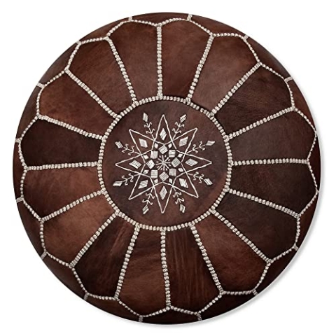 Marokkanischer Echtleder Pouf - Holz Braun - Handgefertigt - gefüllt geliefert - Ottoman Sitzsack Fußhockr