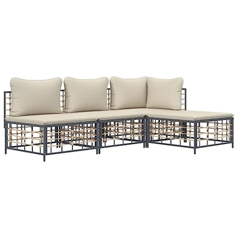 vidaXL Garten Lounge Set 4-TLG., Gartenmöbel Set mit Kissen, Sitzgruppe für Garten Terrasse, Modular Sofa Garnitur Loungemöbel, Anthrazit Poly Rattan