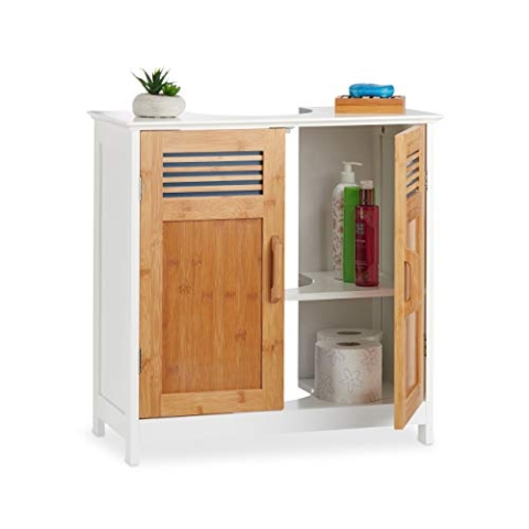 Relaxdays Waschbeckenunterschrank, Bambustüren, höhenverstellbarer Boden, Siphon-Aussparung, HBT: 60x60x30cm, natur/weiß