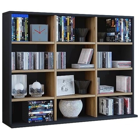 VCM Holzregal stehend | platzsparender CD-Schrank für 480 CDs oder 224 DVDs | Maße:H. 82 x B. 102 x T. 23 cm | Elegantes DVD Regal stehend | Blu-Ray Regal | CD Regal Megosa L Anthrazit/Honig-Eiche
