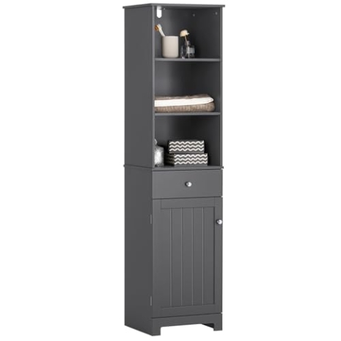 SoBuy BZR17-DG Badezimmer Hochschrank Badschrank Badregal Badezimmerschrank mit 3 offenen Fächern, 1 Schublade und 1 Tür dunkelgrau Badmöbel BHT ca: 40x161x35cm