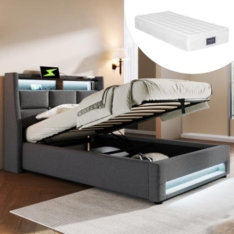 OKYION Boxspringbetten Polsterbett 90x200cm, Einzelbett Hydraulisches Bettkasten mit LED-Erleuchtung und USB(Mit Matratze),Grau