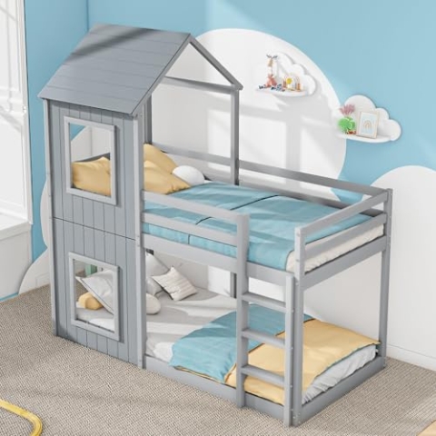 OKYION Etagenbett Kinderbett 90x200cm mit Leiter & Baldachin, Hochbett mit Rausfallschutz, Massivholzbett Stockbett Bodenbett mit Lattenrost und Fenster, Jugendbett Bettgestell, Grau