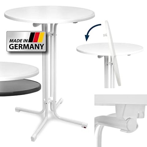 Beautissu Stehtisch Klappbar 70 cm Sylt – Stehtisch Outdoor Höhenverstellbar Hitze- & Wetterbeständig leichte Montage TÜV – Klapptisch Partytisch Kratzfest Bartisch Bistrotisch Outdoor Rund Weiß