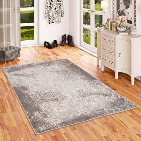 Designer Teppich Tawira Vintage Klassik Silber, Modernes Orient Muster, Super Weicher Flor, Schadstoffgeprüft, Pflegeleicht, Für Parkett und Fußbodenheizung geeignet