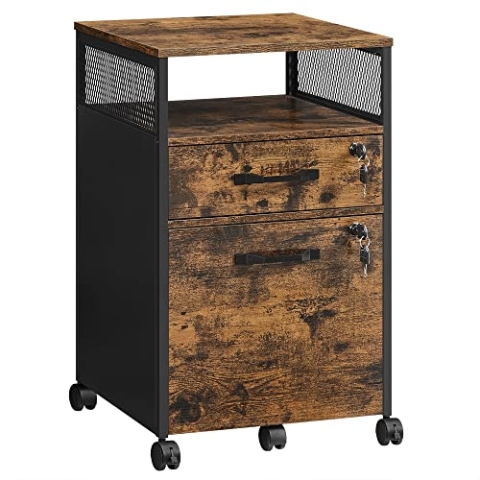 VASAGLE Rollcontainer, Aktenschrank mit 2 Schubladen, mobiler Büroschrank mit Rädern, offenes Fach, Hängeregistratur, Stahlgestell, Industrie-Design, vintagebraun-tintenschwarz OFC077B01