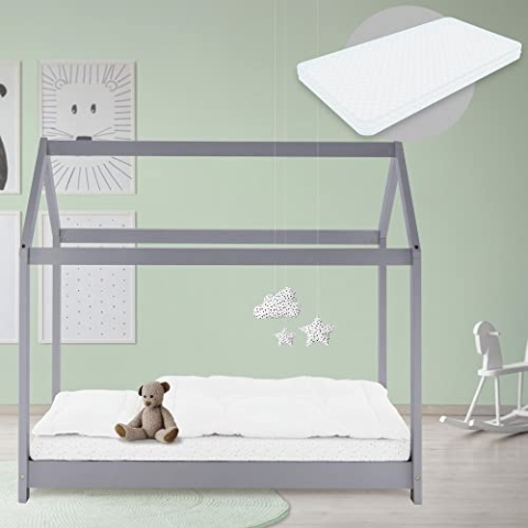 ML-Design Kinderbett 80x160 cm Hellgrau mit Matratze, Dach und Lattenrost, Hausbett für Mädchen & Jungen, Kinderhaus aus Kiefernholz, Stabiles Jugendbett, Massivholz Kinder Bett, Bettenhaus Spielbett