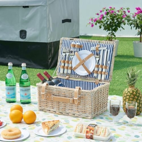 casa.pro Picknickkorb Lumparland Komplettset für 4 Personen Weidenkorb Picknickset aus Geschirr Gläser Besteck Picknickkoffer 42 x 28 x 20 cm Weiß/Blau