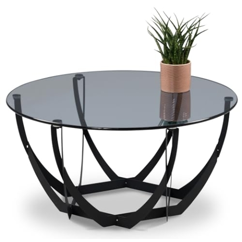 M2 Kollektion Maya 2 – Runder Couchtisch (Ø 80 cm, H 40 cm) | Rauchglasplatte & kunstvolles Metallgestell | Modernes, luxuriöses Design | Stabil, pflegeleicht & vielseitig kombinierbar
