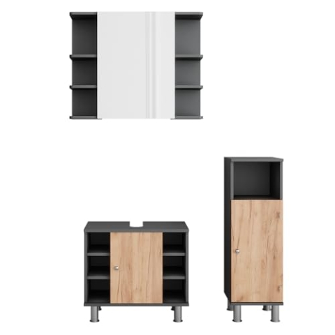 Vicco Badspiegelschrank Fynn, Anthrazit/Goldkraft Eiche, 3 Teile mit Midischrank
