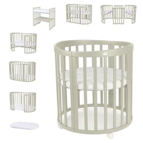 Waldin Oval Baby-Bett Mitwachsend Komplett Set 7in1, Gitterbett, Kinderbett mit Matratze, Wickelkommode, Beistellbett, Holz Olive