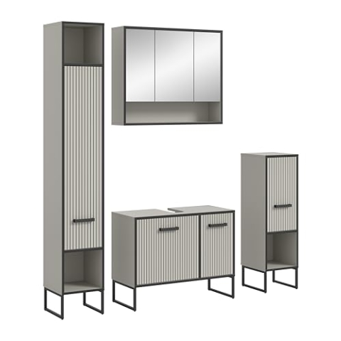 xonox.home Badezimmer Bagno 4tlg. Kombination Badmöbel Set kleine Bäder Komplettprogramm Bademöbel-Set in Kaschmir beige Nb. Absetzung schwarz Nb.