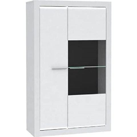 FORTE L-Light Vitrine mit 1 Tür und 1 Glastür, Holzwerkstoff, Weiß mit Weiß Hochglanz, B x H x T: 98 x 160 x 41,3 cm