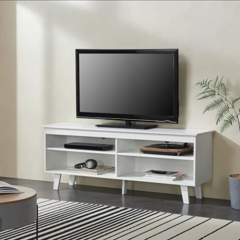 [en.casa] Fernsehtisch Stenløse TV-Lowboard Fernsehschrank Fernsehkommode Weiß mit 4 Ablagefächern 150 x 38 x 58 cm mit 2 Kabeldurchlässe für Wohnzimmer