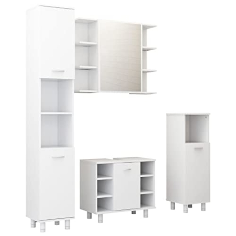 vidaXL Badmöbel Set 4-TLG. Waschbeckenunterschrank Spiegelschrank Hochschrank Midischrank Schrank Badezimmerschrank Badschrank Weiß Holzwerkstoff