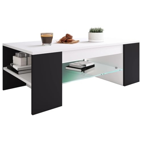 VCM Holz Couchtisch mit ESG-Sicherheitsglas | Sofatisch mit ausreichend Stauraum | Maße ca. H. 35 x B. 100 x T. 50 cm | Wohnzimmertisch - Tunas Weiß/Schwarz