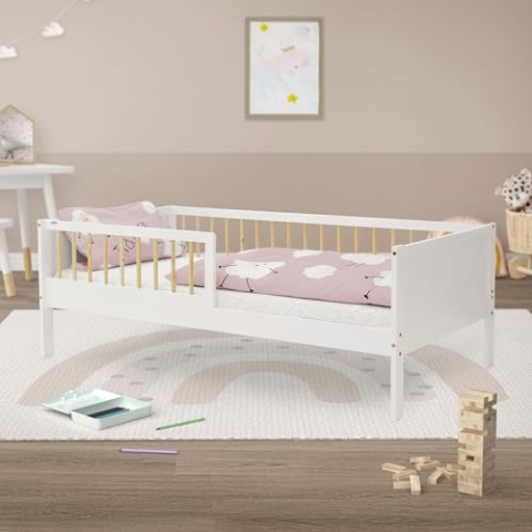 ML-Design Kinderbett 80x160 cm Weiß-Natur, Einzelbett für Kinder mit Lattenrost & Rausfallschutz, Jugendbett aus Kiefernholz, Holzbett Bettgestell für Jungen&Mädchen, Massivholz Babybett Kleinkindbett