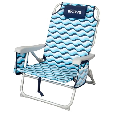 AKTIVE Strandstuhl, klappbar, 64 x 63 x 28/82 cm, 5 Positionen, Aluminium und Polyester, mit Kissen, Rückfach und Rucksackgriffen, belastbar bis 110 kg, sicherer Klickverschluss, Modell Aruba (62417)