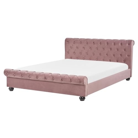 Beliani Polsterbett Doppelbett 160x200 Rosa Samtstoff mit Kopfteil Fußteil Lattenrost