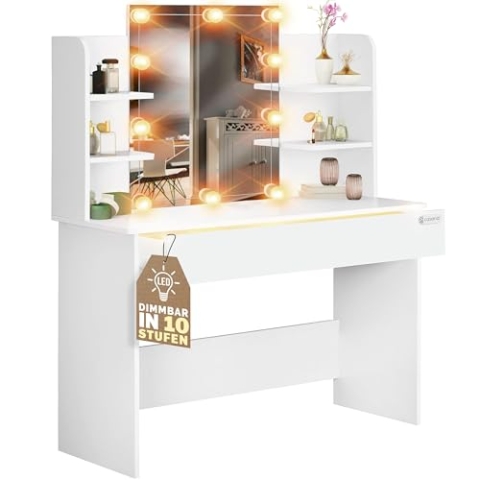Casaria® Schminktisch mit Spiegel und LED Beleuchtung Schubladenbeleuchtung Distanzsensor 4 Ablagen Weiß Frisiertisch Kosmetiktisch 110x40cm Holz