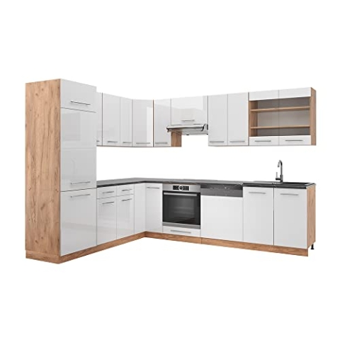 Vicco Eckküche Fame-Line, Weiß Hochglanz/Goldkraft Eiche, 227 x 287 cm ohne Arbeitsplatte