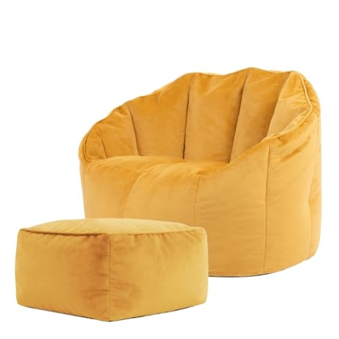 Icon Sirena Sitzsack Sessel mit Hocker für Erwachsene, Gelb, Flauschiger Samtstoff, Riesen Sitzsack Samt mit Füllung, Bean Bag Chair, Bequemer Sessel Wohnzimmer, Lounge, Schlafzimmer, Büro