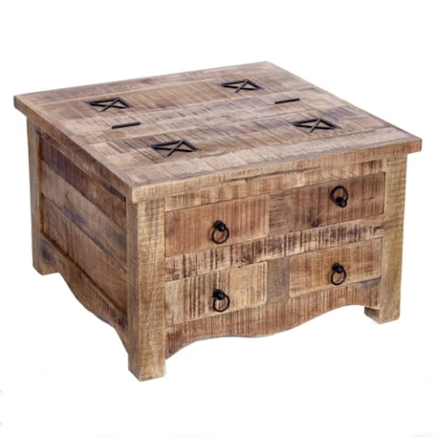 invicta INTERIOR Massiver Couchtisch Iron Craft 70cm Mangoholz Truhe mit Schubladen Wohnzimmertisch Tisch Holztisch