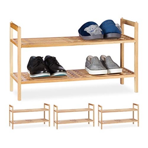 Relaxdays 4 x Schuhregal stapelbar, Schuhablage mit je 2 Etagen, Walnuss Holz, je bis zu 6 Paar Schuhe, HBT 41 x 69 x 27 cm, Natur