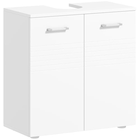 kleankin Waschbeckenunterschrank Badezimmerschrank Waschtischunterschrank mit 2 Türen Regal verstellbar U-förmiger Ausschnitt Spanplatte Weiß 60 x 30 x 62,5 cm