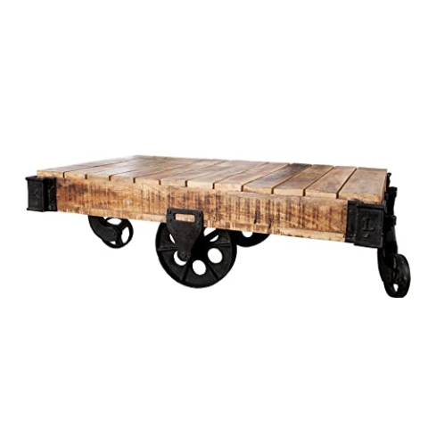 invicta INTERIOR Massiver Design Couchtisch Railway 110 cm Massivholz Teak mit 4 Rädern Holztisch Teakholz Tisch
