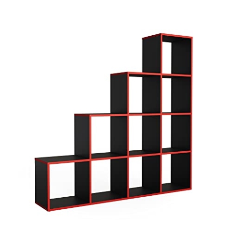 Vicco Treppenregal, stehendes Bücherregal, Schwarz/Rot/Rot, 142.4 x 143 cm
