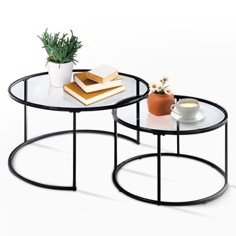 [en.casa] Couchtisch Rund 2er Set - gehärteter Glastisch für Wohnzimmer, Wohnzimmertisch rund Glas, Sofa Tisch, Couchtisch schwarz rund, Sofatisch, Couch Tisch, Kleiner runder Tisch Wohnzimmer