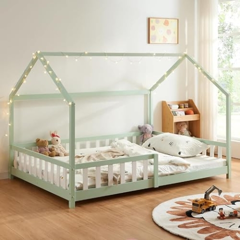 [en.casa] Kinderbett Hesel Hausbett Mintgrün 120 x 200 cm mit Rausfallschutz und Lattenrost Bodenbett Jugendbett Holzbett