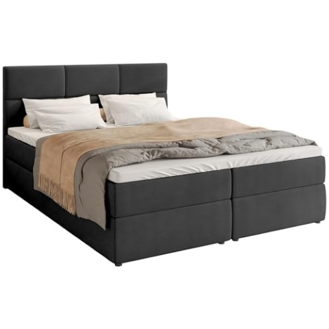 BROMARKT Boxspringbett mit Bettkasten Polsterbett mit Bonell-Matratze und Topper Doppelbett mit Stauraum Bett für Schlafzimmer gepolstertes Kopfteil Boston 140x200 Härtegrad H3 Samtstoff Dunkelgrau