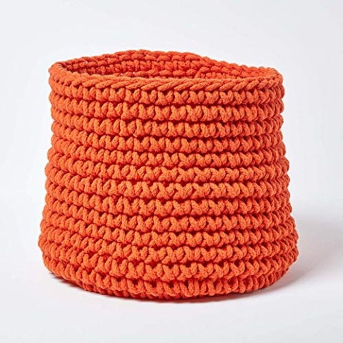 Homescapes gestrickter Aufbewahrungskorb in orange, runder Strickkorb/Stoffkorb 42 x 37 cmaus 100% Baumwolle mit Grobstick-Optik