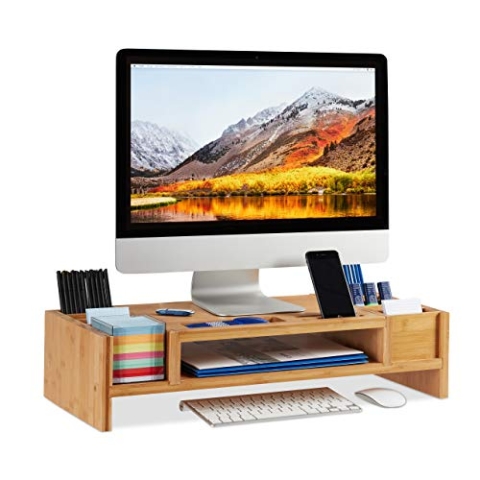 Relaxdays Monitorständer, Bildschirmständer aus Bambus, 14 Fächer, ergonomischer Monitorerhöher, HBT 15x65x28 cm, natur, Braun