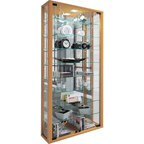 VCM Glasvitrine hängend | Vitrine Glas mit ESG-Sicherheitsglas | Maße ca. H. 115 xx B. 59 x T. 18 cm| Hängevitrine Glas | Modern und platzsparend | Glas Vitrinenschrank - Vitrosa Maxi Spiegel Buche