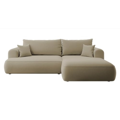 Selsey OVO - Ecksofa mit Schlaffunktion, Bettkasten, Ottomane rechts, Easy-Clean-Veloursbezug in Beige
