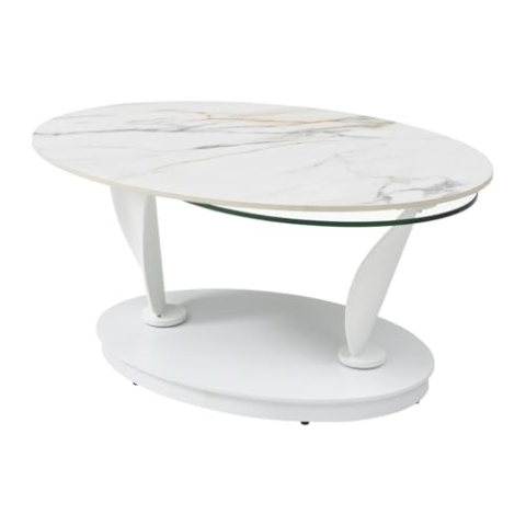 Vente-unique-Couchtisch mit drehbaren Tischplatten - Keramik, Sicherheitsglas & Metall - Marmor-Optik Weiß - MANEYA von Maison Céphy