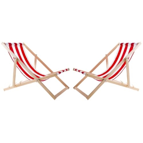 WOODOK 2-er Liegestuhl Set aus Buchholz Strandstuhl Sonnenliege Gartenliege für Strand, Garten, Balkon und Terrasse Liege Klappbar bis 120kg (Rote Streifen)