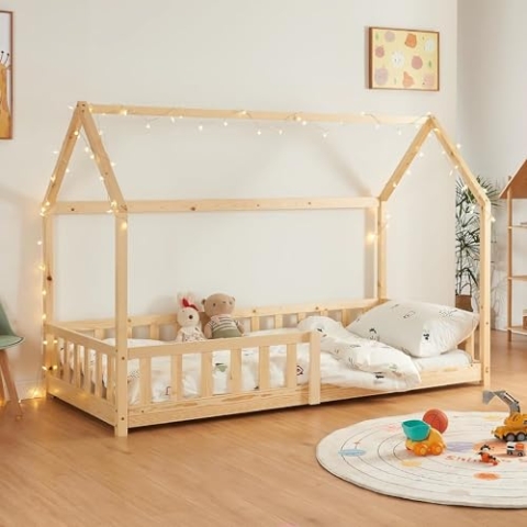 [en.casa] Kinderbett Hesel Hausbett Holzoptik 90 x 200 cm mit Rausfallschutz und Lattenrost Bodenbett Jugendbett Holzbett