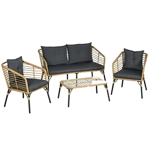 Outsunny 4 TLG. Gartenmöbel-Set, Rattan Sitzgarnitur mit Kissen, Sitzgruppe mit 3 Sesseln, 1 Couchtisch, Balkonmöbel im Boho-Stil für 4 Personen, Sand+Dunkelgrau