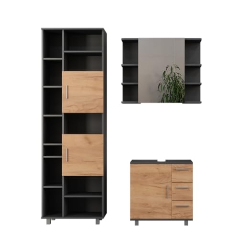Vicco Badmöbel-Set Ilias, Anthrazit/Goldkraft Eiche, 3 Teile, mit Badschrank 190 cm